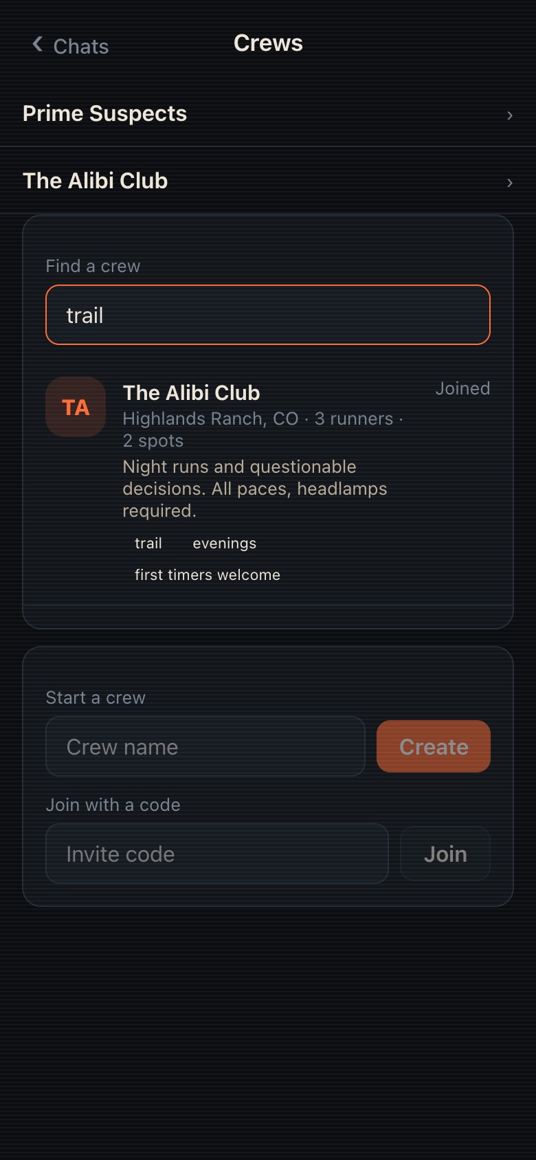 Find a crew: search results with vibe tags and a Join button