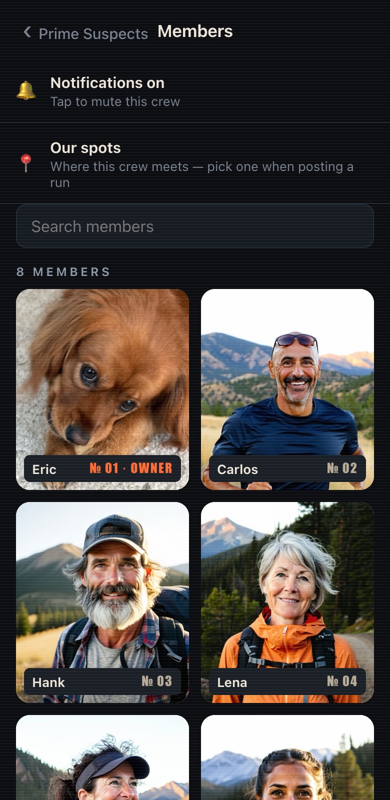 Member lineup as a grid of mugshot-style cards