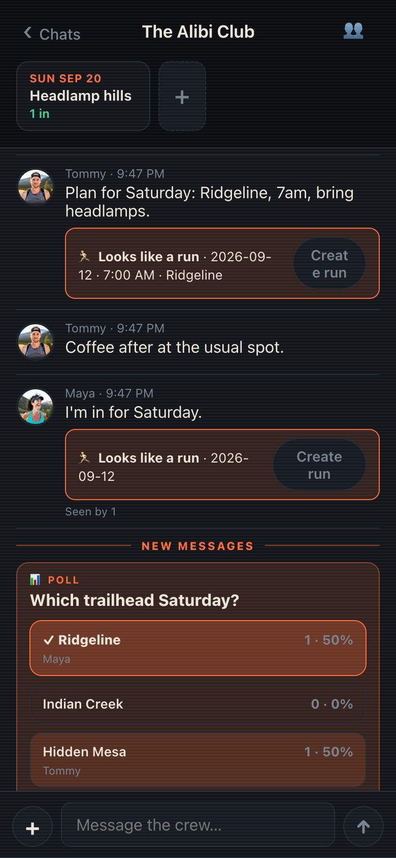 A crew poll in chat with live vote bars and voter names, above a Seen by line and a New messages divider
