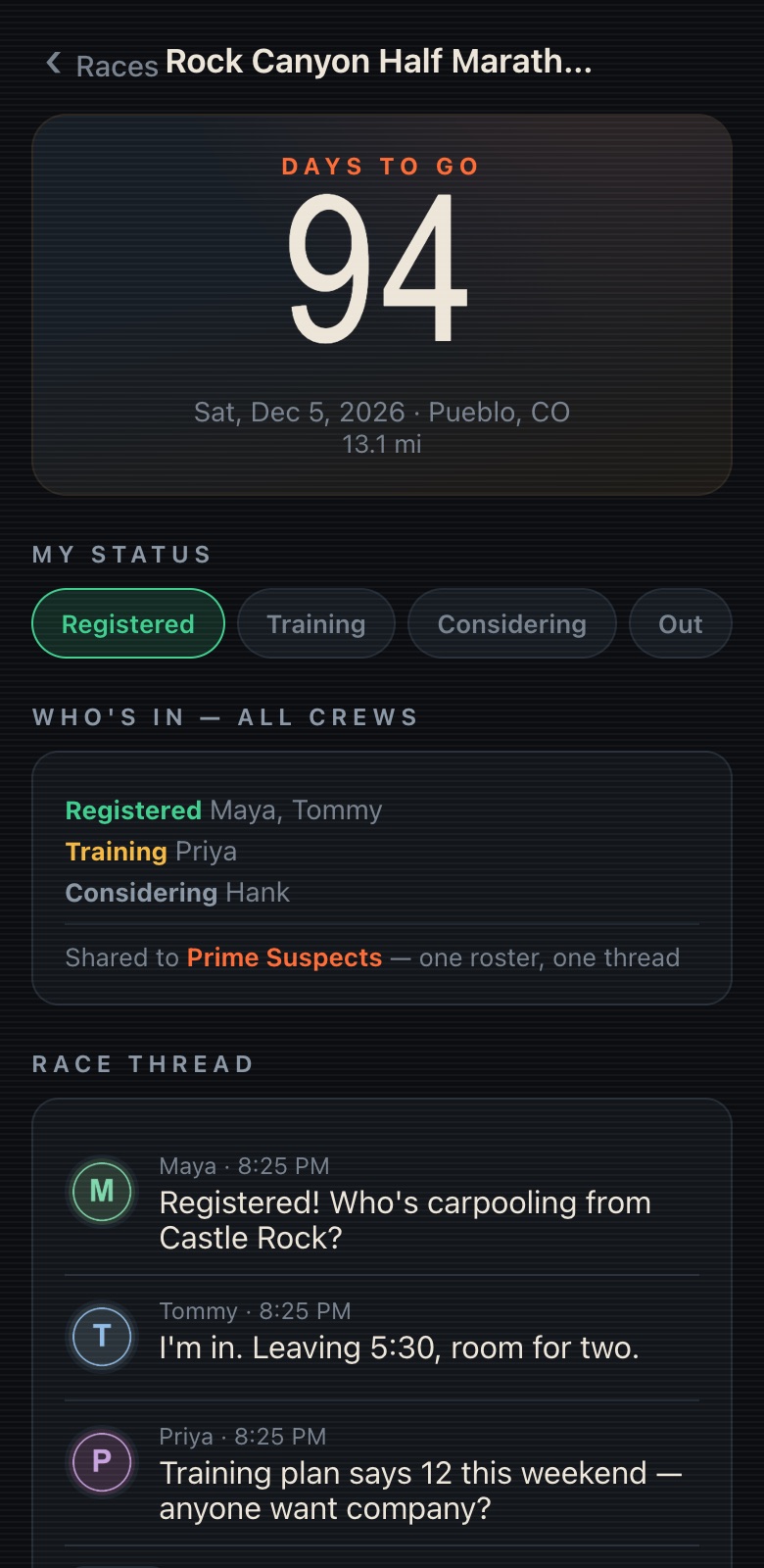 Race detail with a big day countdown and who's-in roster