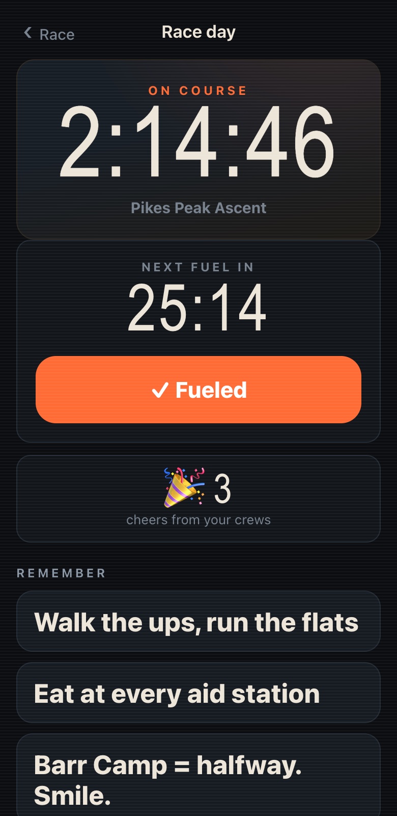 Race day mode: big elapsed clock, next fuel countdown, cue cards, and a cheer count