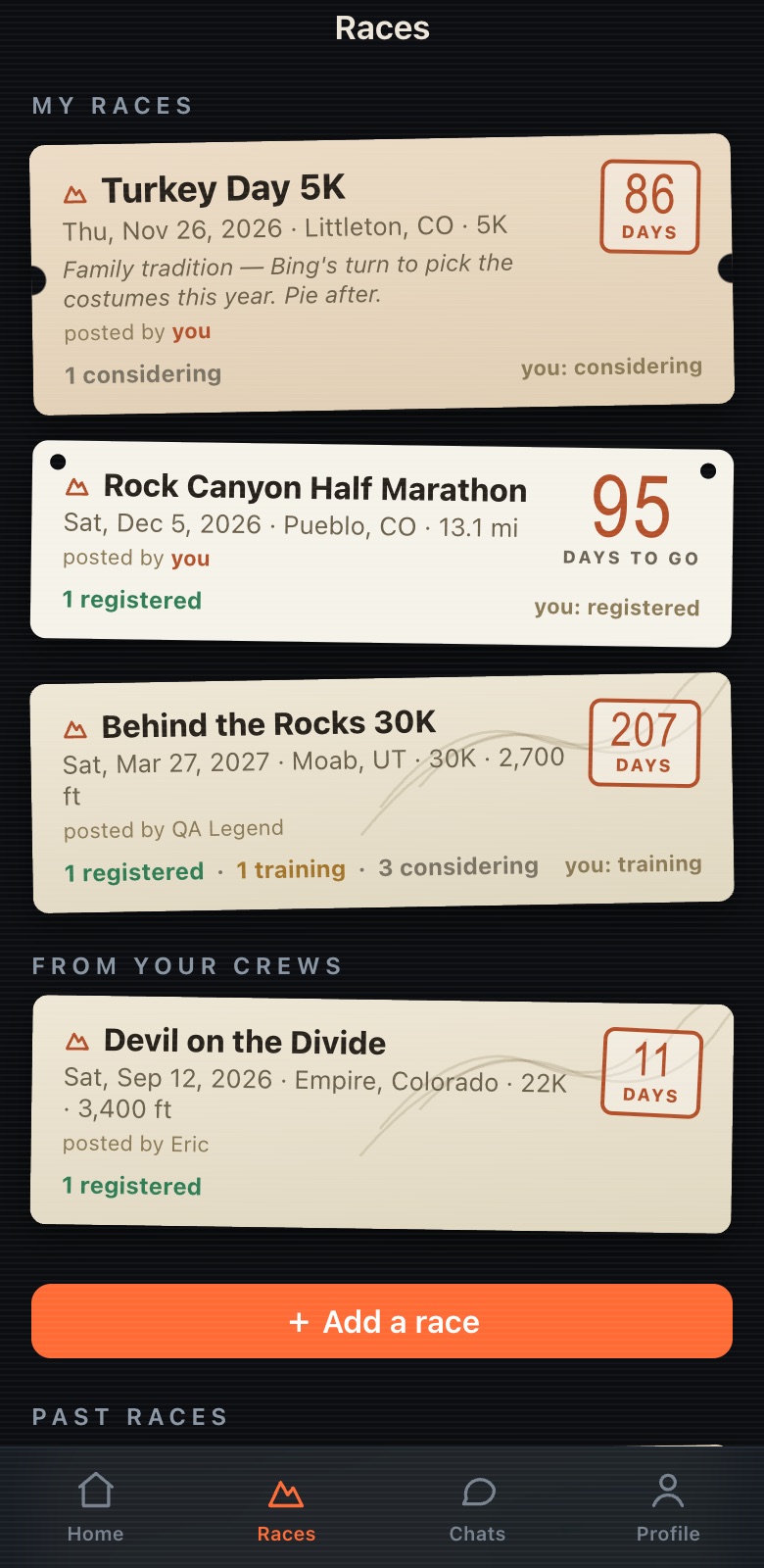 Race collection rendered as postcards, bibs, and ticket stubs with countdowns