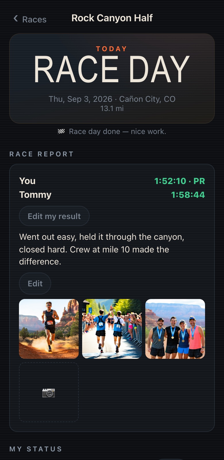 A finished race card with results, a written race report, and a photo gallery