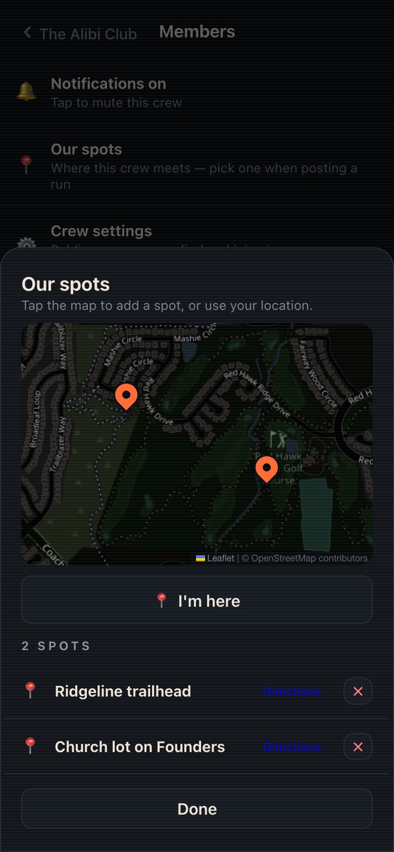 Our spots: a dark map with the crew's saved meeting places