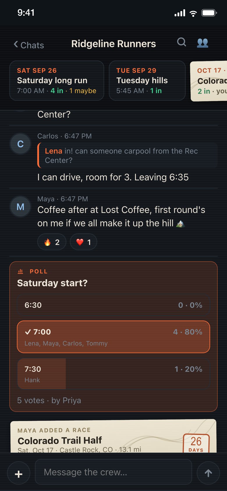 Crew chat with a reply, reactions, a poll, and a race card