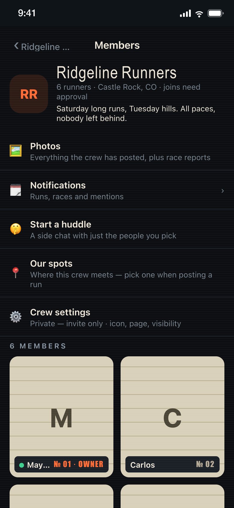 Crew page with settings, notifications, spots, and the member lineup