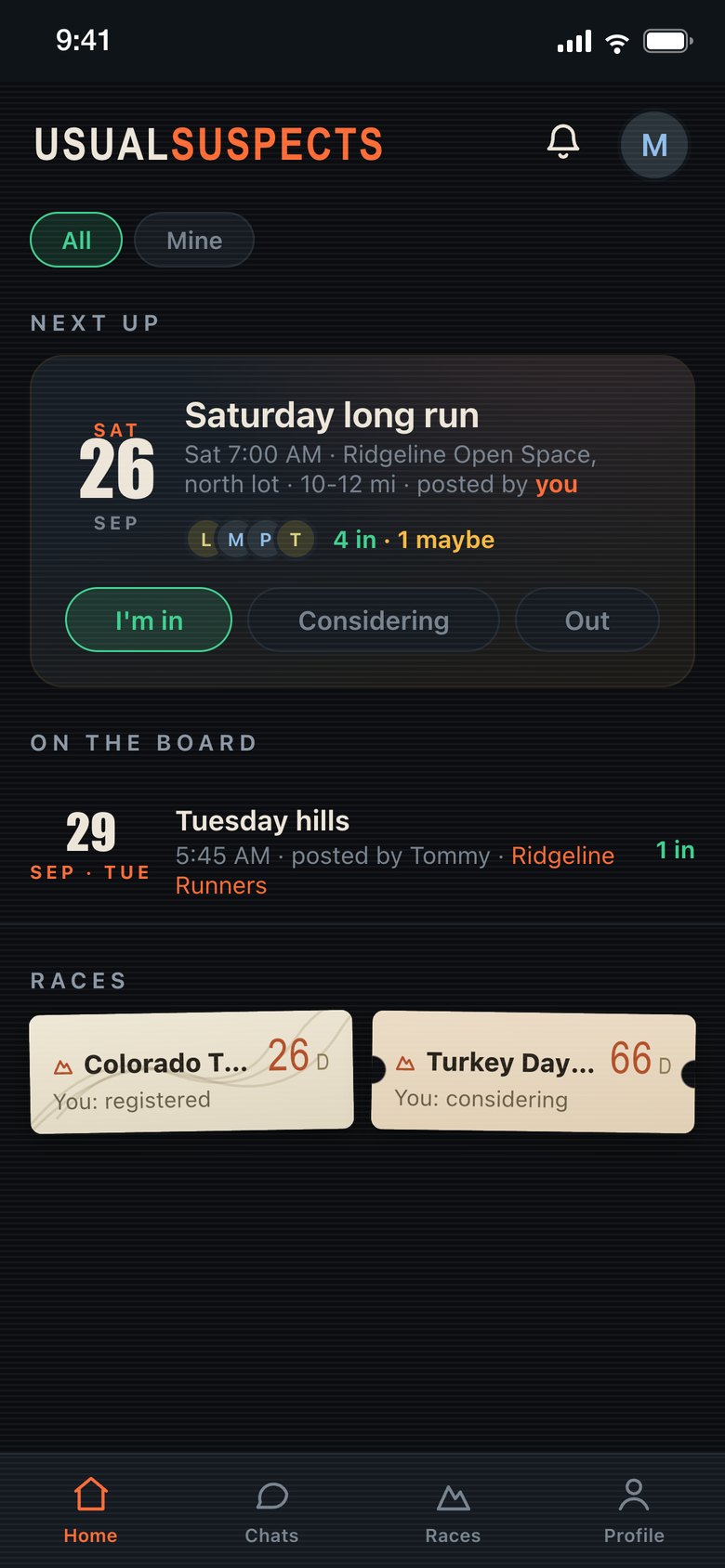 Home: the next run with RSVP buttons and the board of upcoming runs