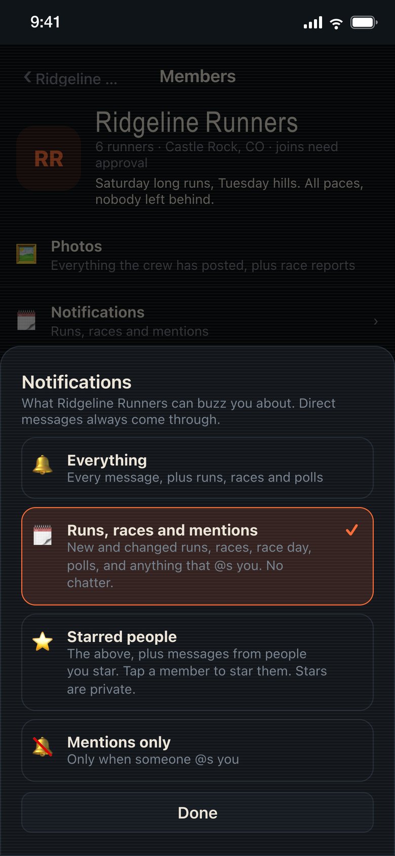 Notification levels: everything, runs races and mentions, starred people, mentions only
