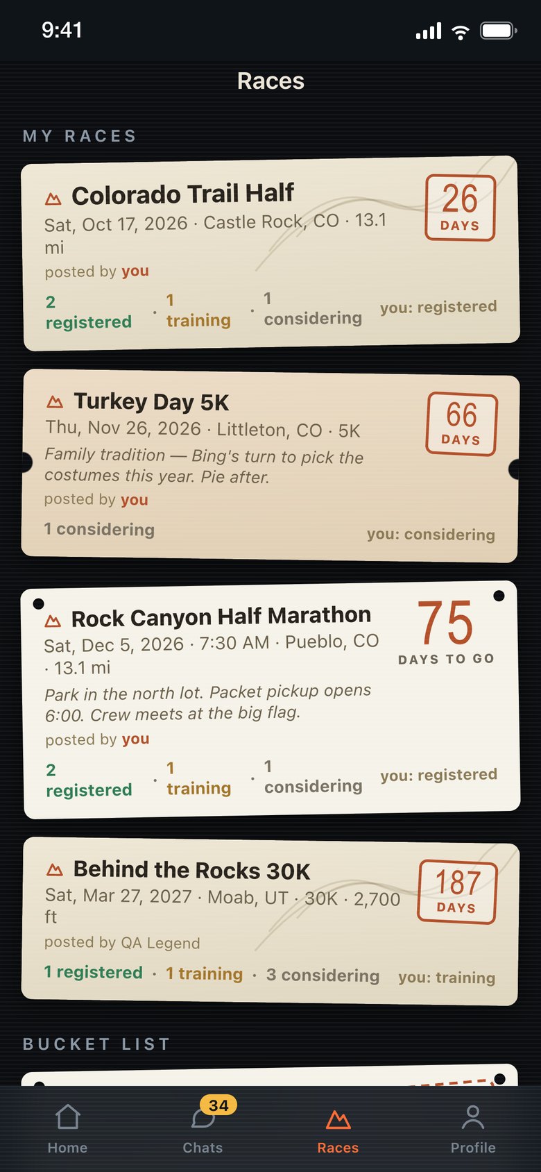 Race cards with countdowns and who's registered